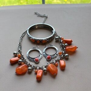 Orange Stone Silver-Tone Jewelry Set — Necklace, Bracelet & Earrings